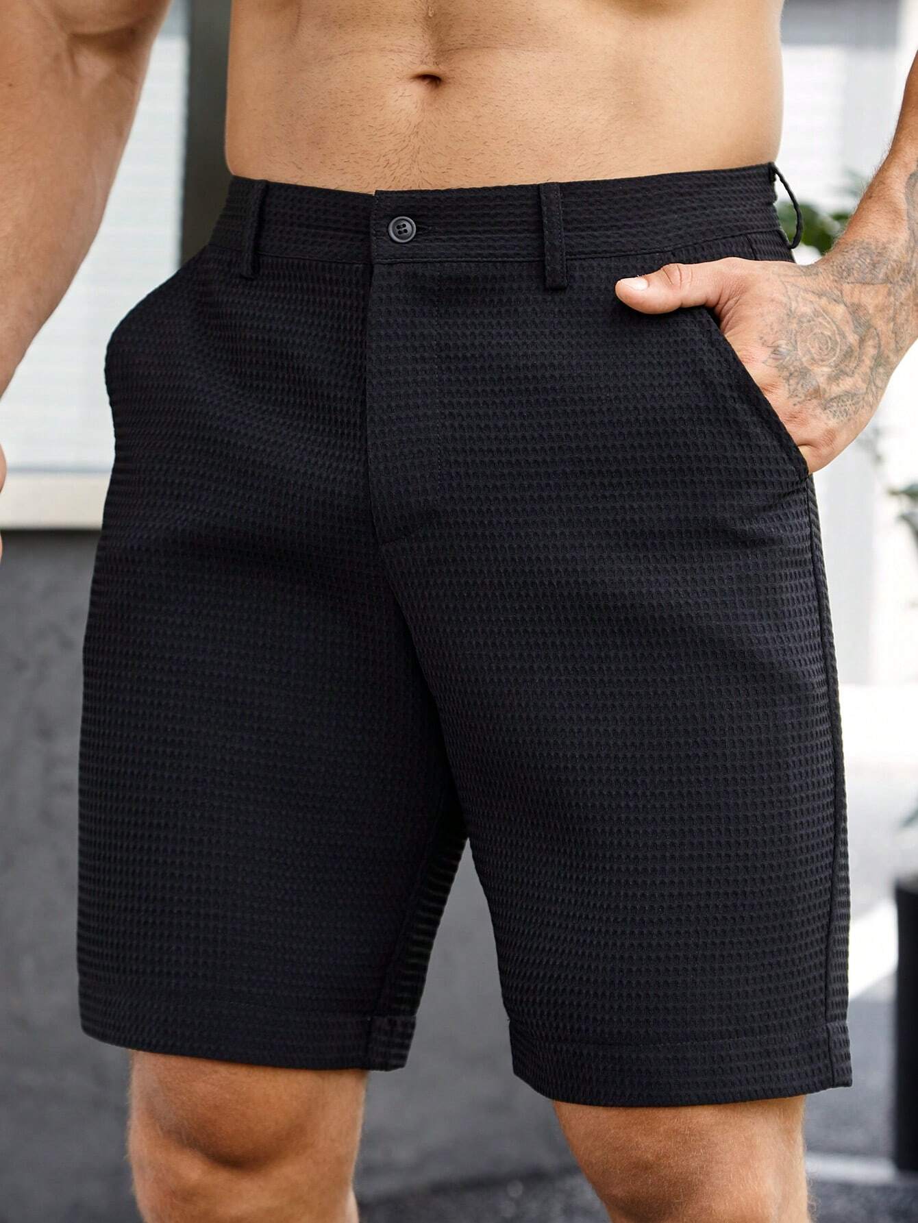 Manfinity Homme Shorts Masculina de Verão Casual, Cor Sólida, Textura Waffle, Bolso Diagonal