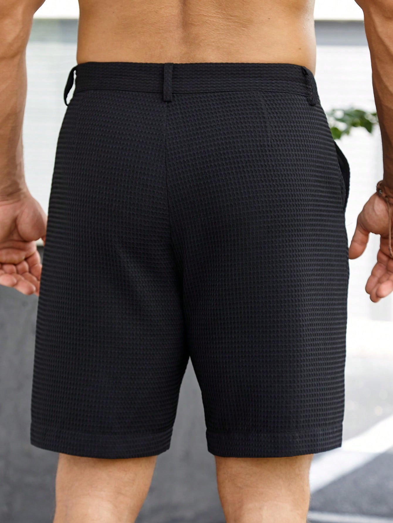 Manfinity Homme Shorts Masculina de Verão Casual, Cor Sólida, Textura Waffle, Bolso Diagonal