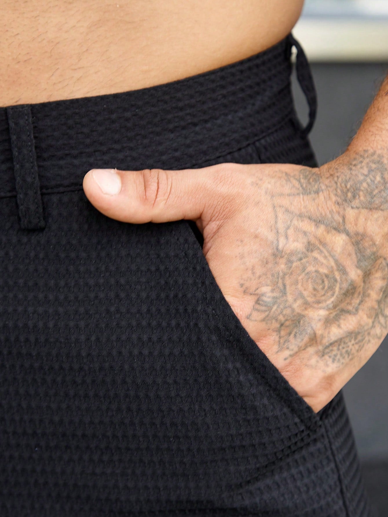 Manfinity Homme Shorts Masculina de Verão Casual, Cor Sólida, Textura Waffle, Bolso Diagonal