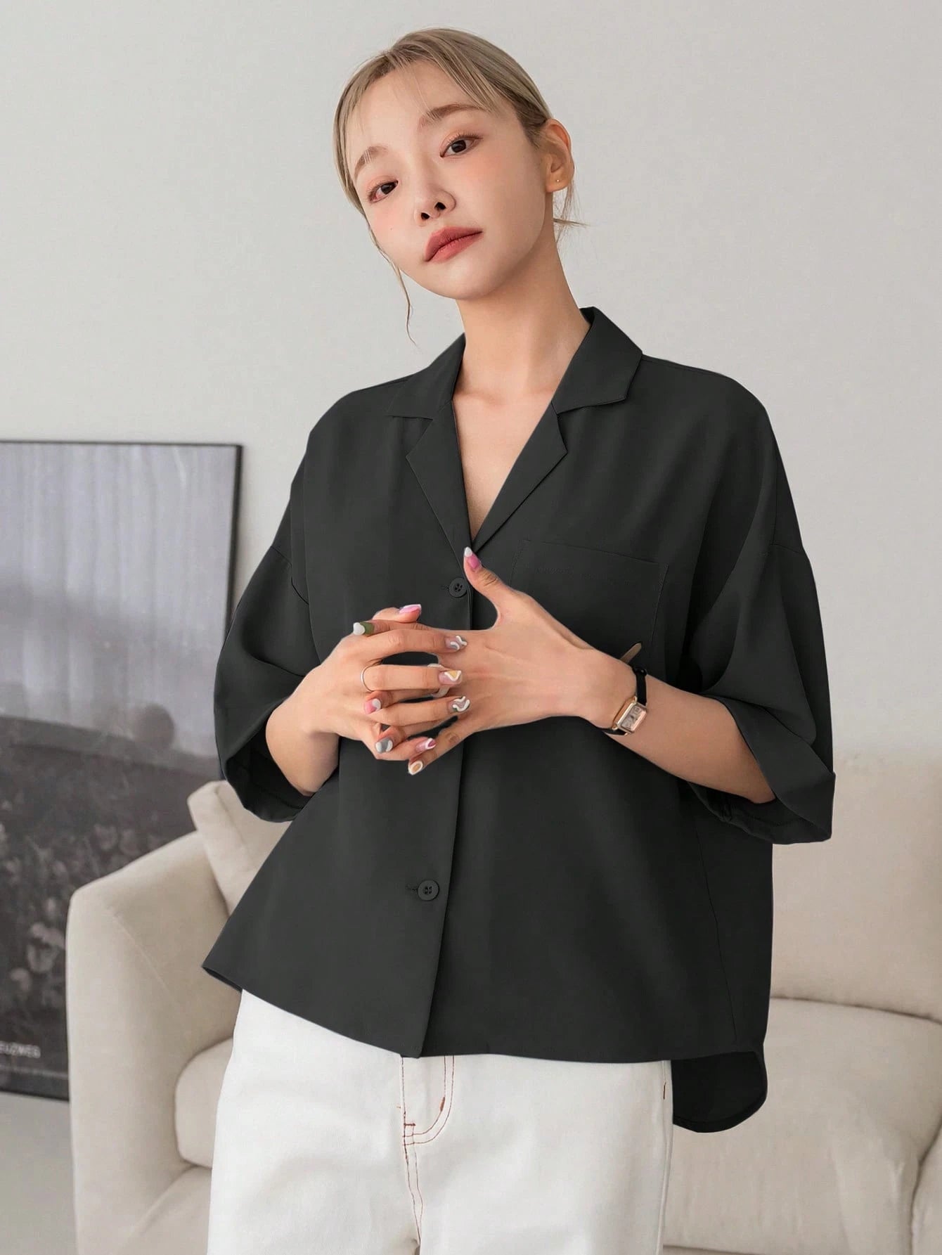 DAZY Botão Frontal Ombro Caído Camiseta