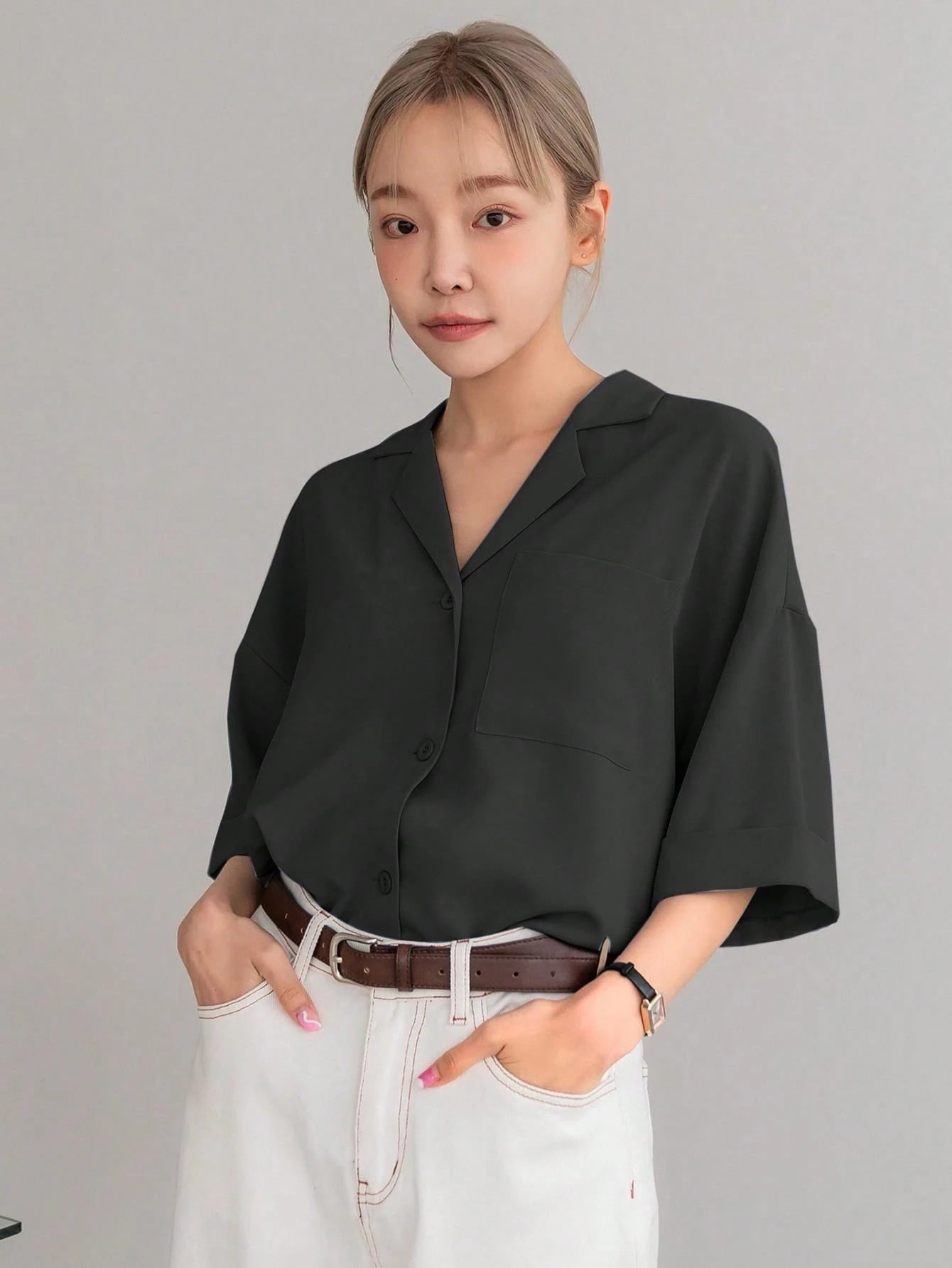 DAZY Botão Frontal Ombro Caído Camiseta