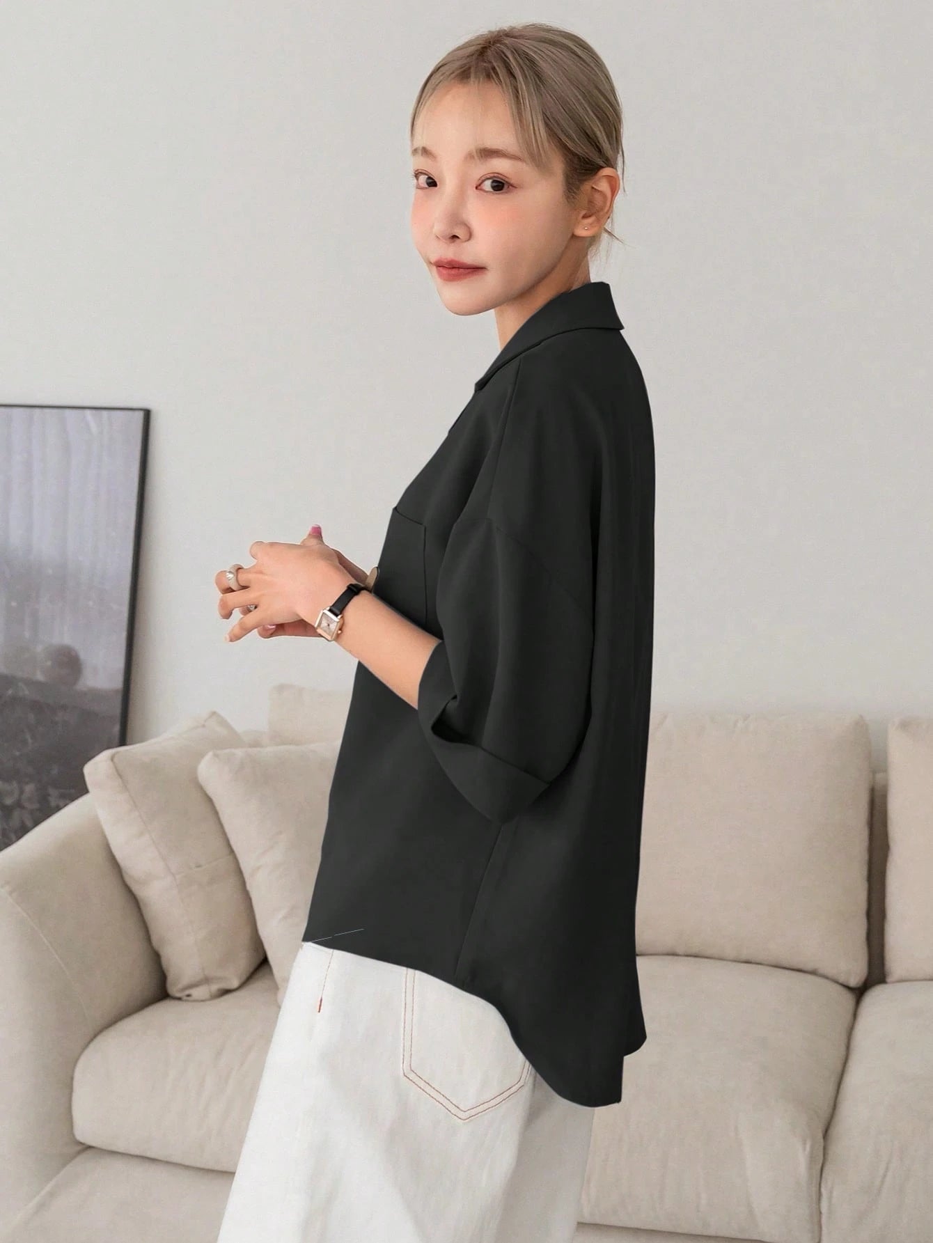 DAZY Botão Frontal Ombro Caído Camiseta