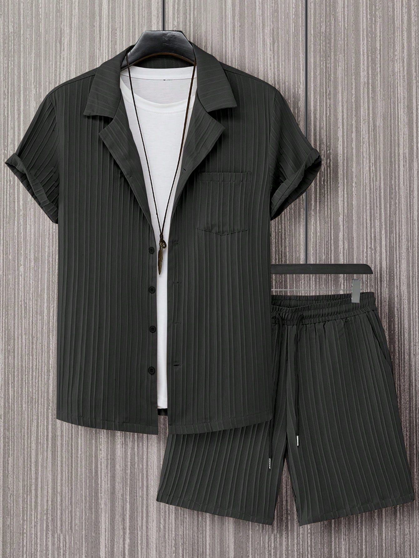 Manfinity Homme Homens Sólido Abotoar Camiseta & Cintura Com Cordão Shorts