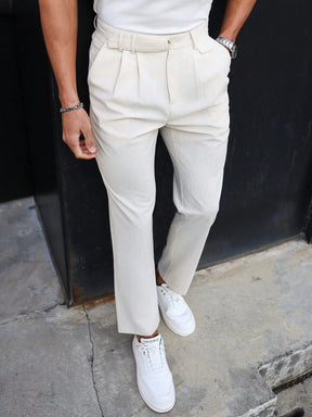 Manfinity Homme Calça Social Reta Masculina de Cor Sólida com Pregas Dobradas, Veludo Corduroy