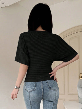 Dazy Designer Camiseta Texturizada com Decote em V e Pregas Feminina de Verão