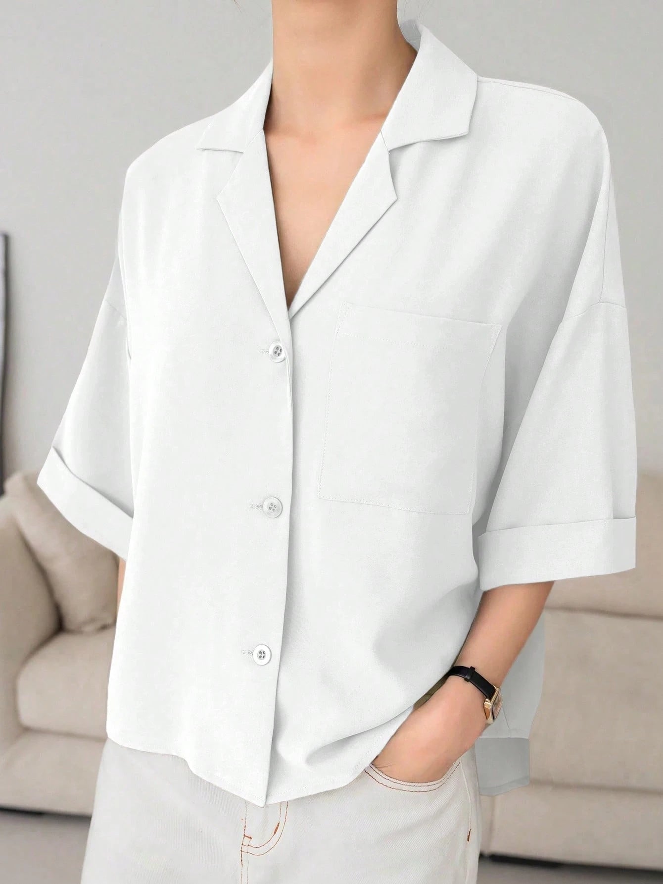 DAZY Botão Frontal Ombro Caído Camiseta