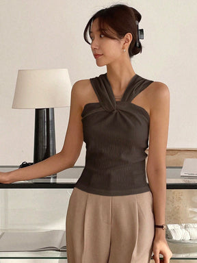 DAZY Regata de Cor Sólida com Textura Torcida, Ajuste Slim, para Mulheres no Verão