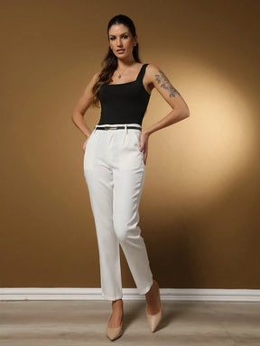 Calças femininas alfaiataria básica com cinto preto