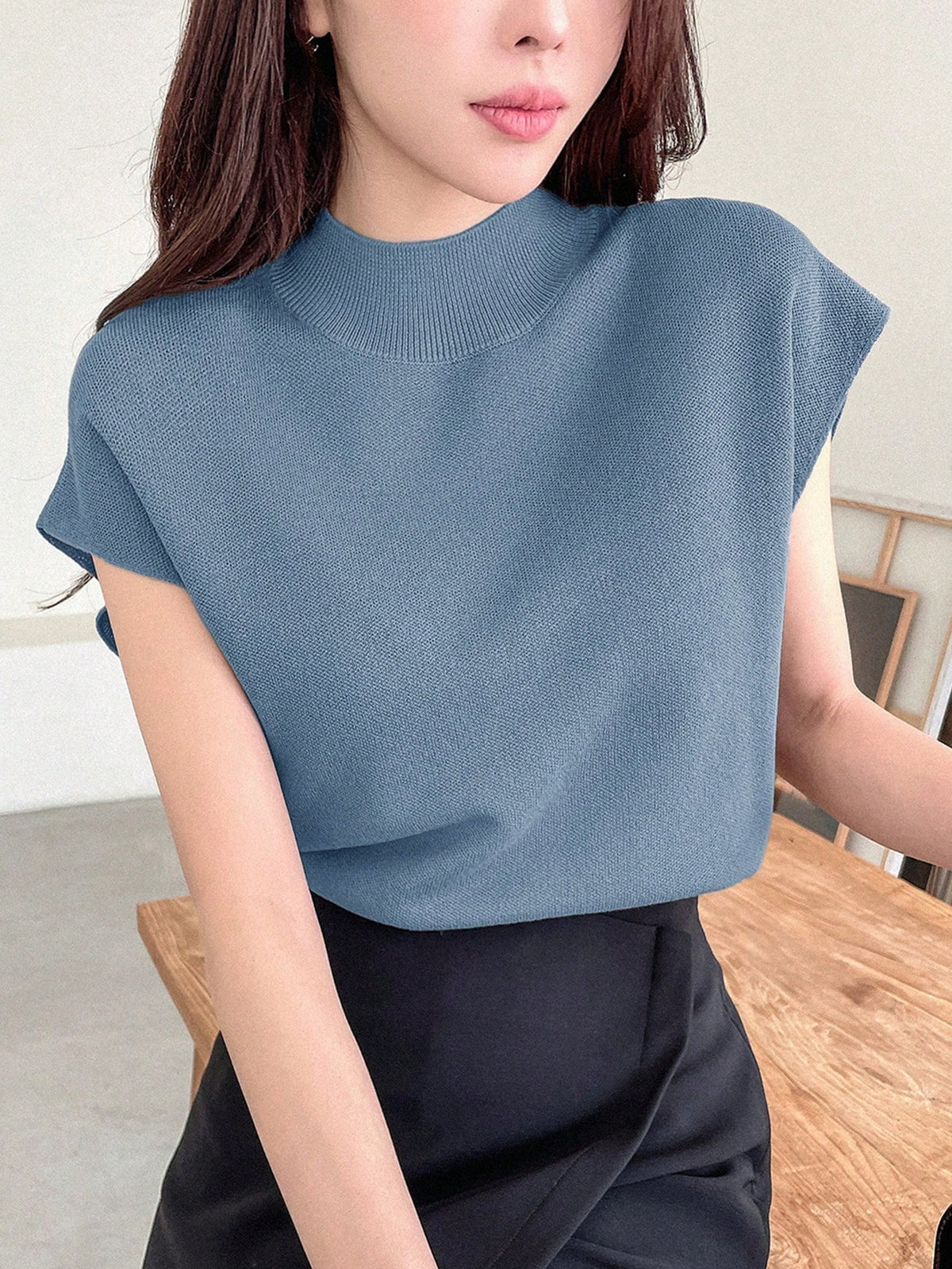 DAZY Top de Tricô sem mangas com cor sólida e meio gola alta, roupa casual de verão