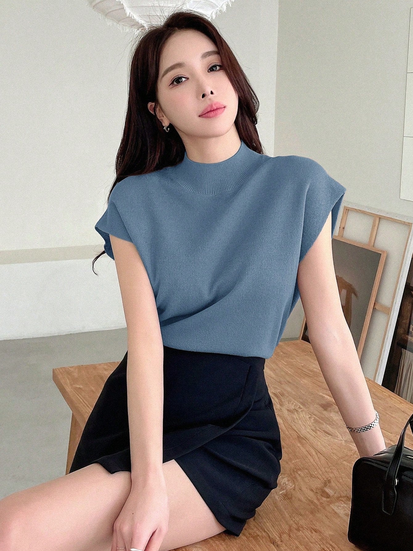 DAZY Top de Tricô sem mangas com cor sólida e meio gola alta, roupa casual de verão