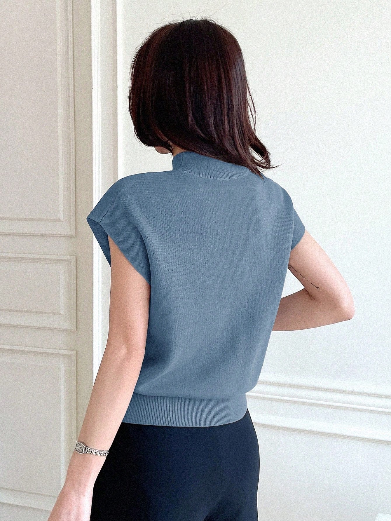 DAZY Top de Tricô sem mangas com cor sólida e meio gola alta, roupa casual de verão