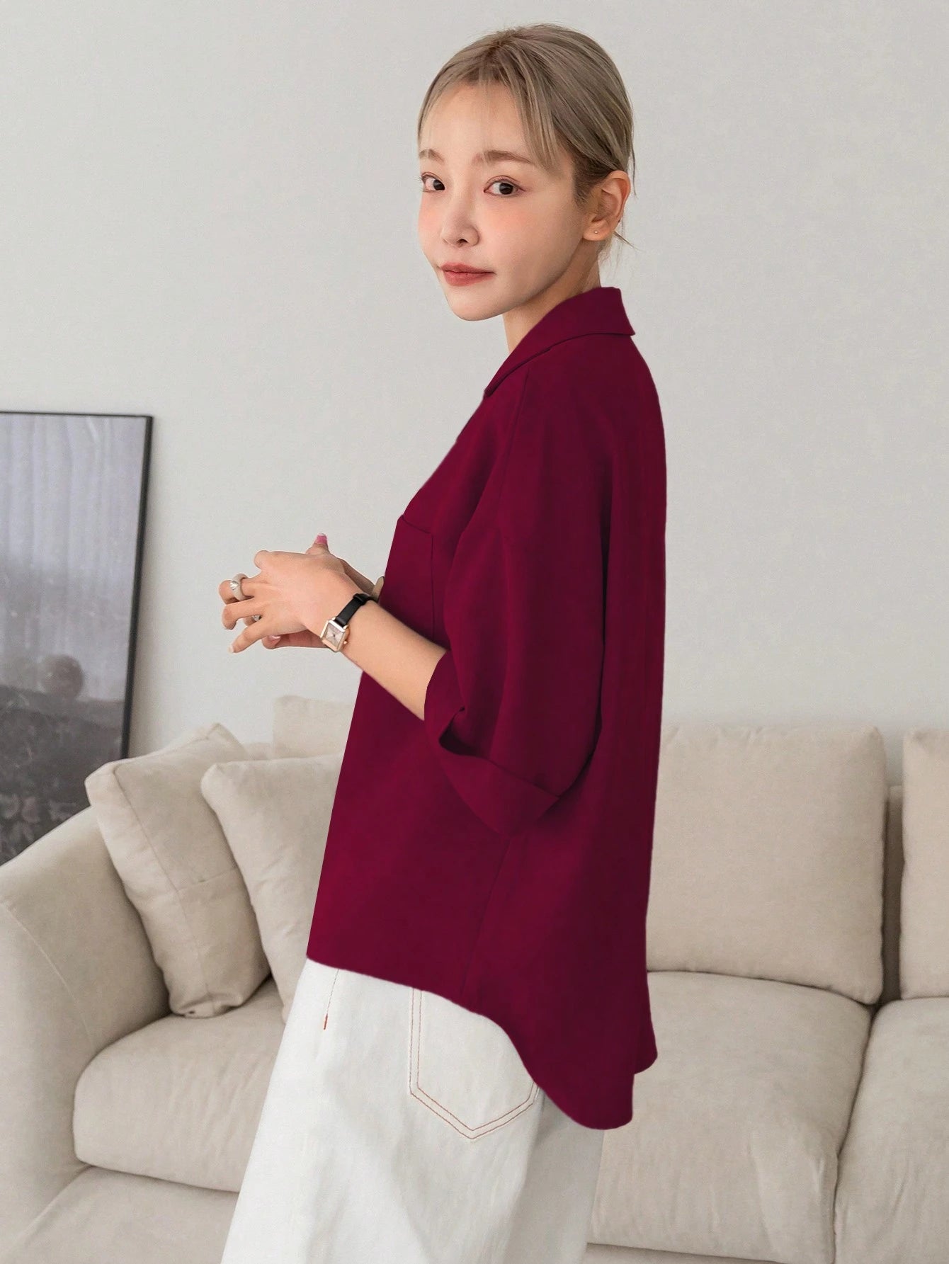 DAZY Botão Frontal Ombro Caído Camiseta