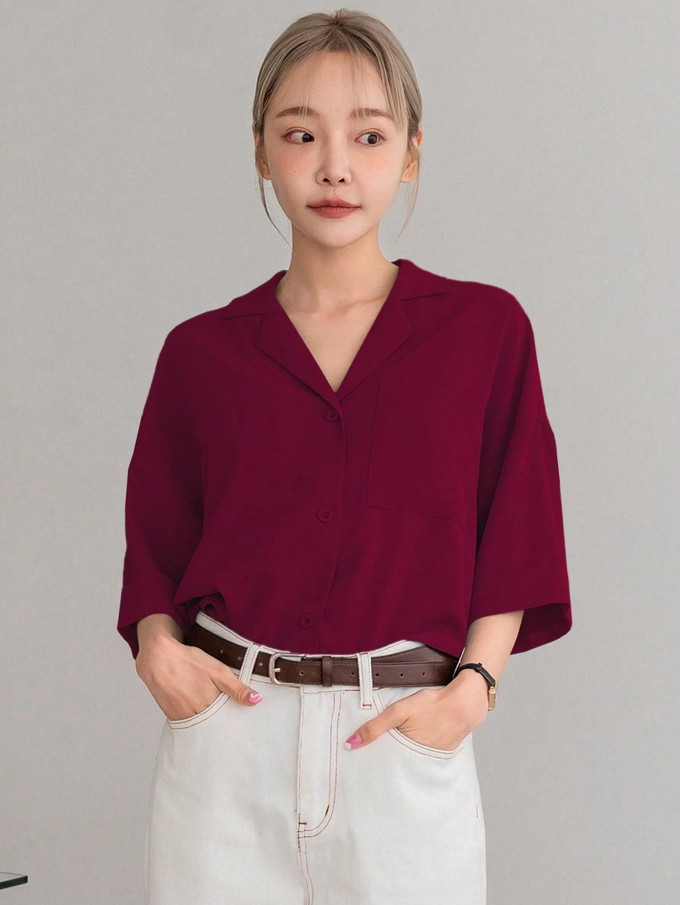 DAZY Botão Frontal Ombro Caído Camiseta