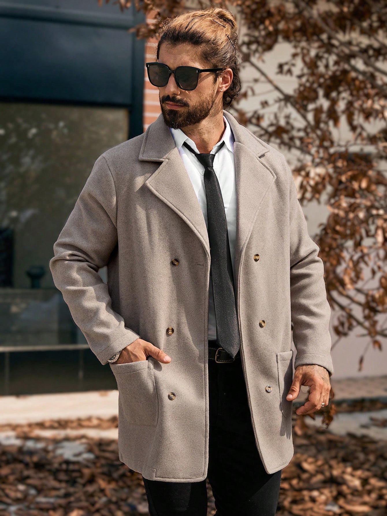 Manfinity Homme 1 Peça Casaco Casual Diário Masculino de Peito Simples com Dois Bolsos, Outono, Casaco Trench Masculino, Sobretudo Masculino, Roupas Masculinas de Outono e Inverno, Sobretudo Masculino de Inverno, Casaco Bege