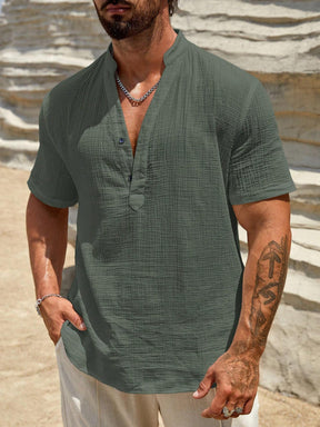 HIMLAND Camisa Casual Masculina Sólida com Decote Entalhado e Meio Botão Azul, Old Money