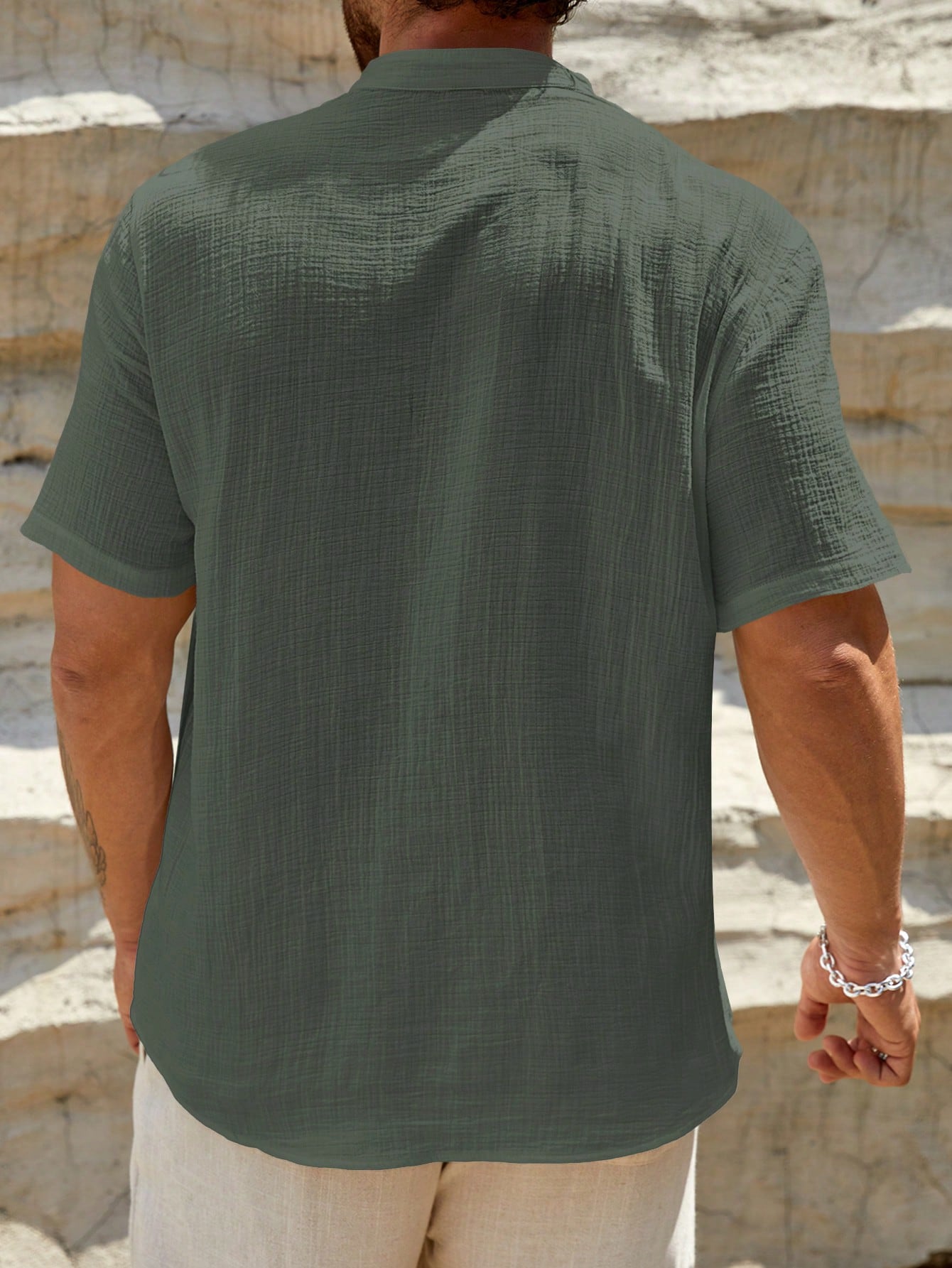 HIMLAND Camisa Casual Masculina Sólida com Decote Entalhado e Meio Botão Azul, Old Money