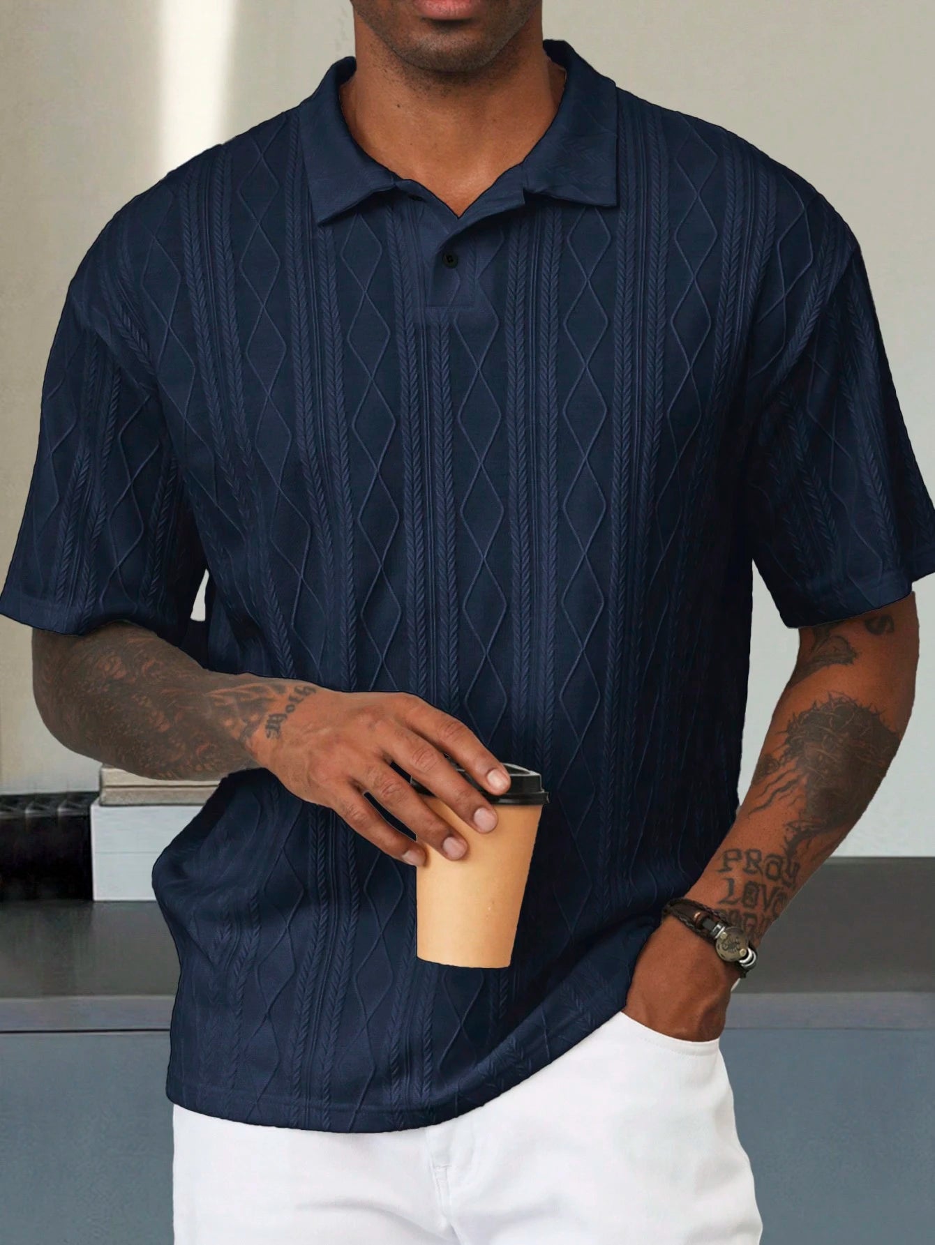 Manfinity Homme Camisa Polo de Manga Curta Casual e Versátil, Cor Sólida, com Botões, para Homens