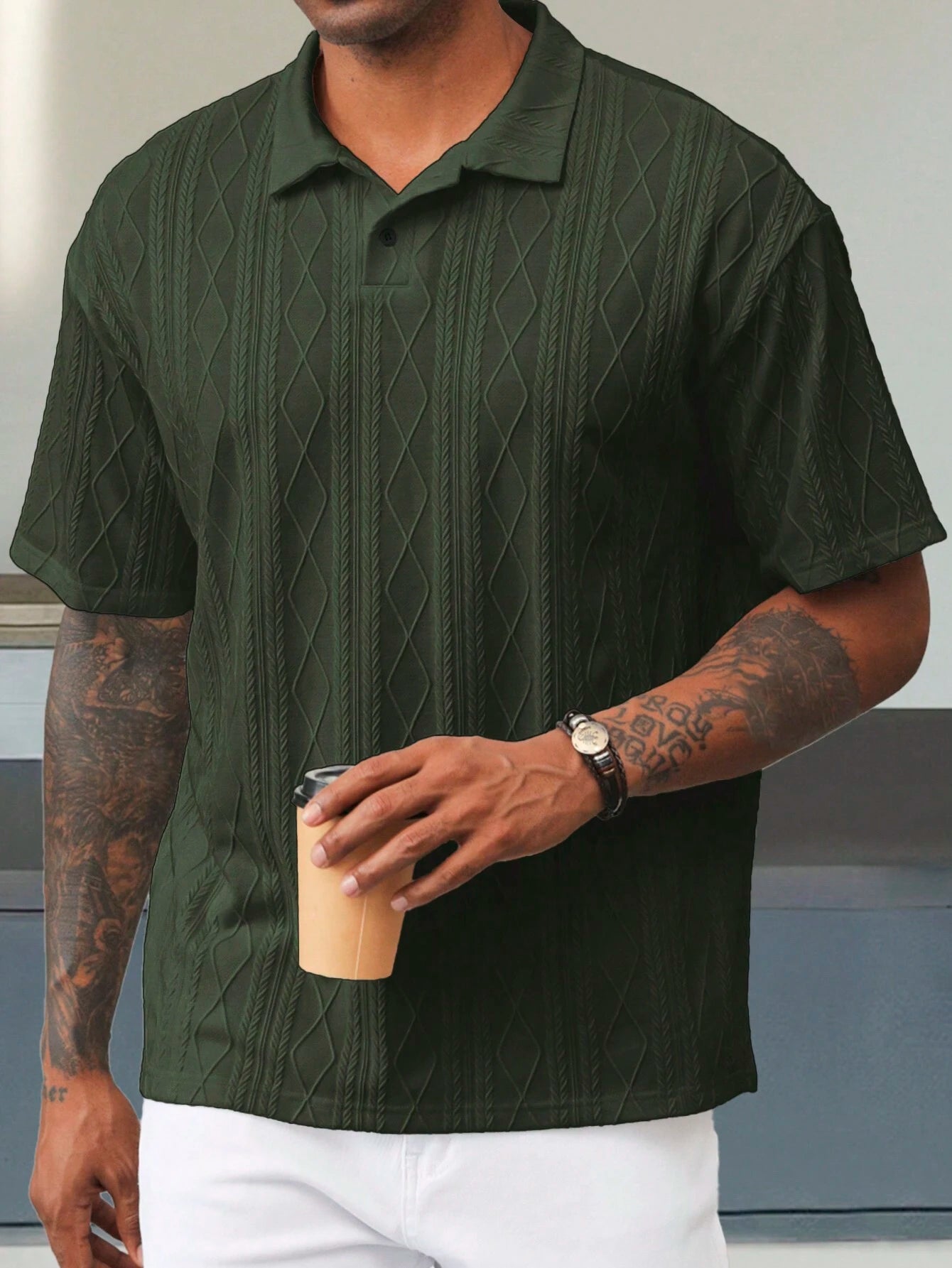 Manfinity Homme Camisa Polo de Manga Curta Casual e Versátil, Cor Sólida, com Botões, para Homens