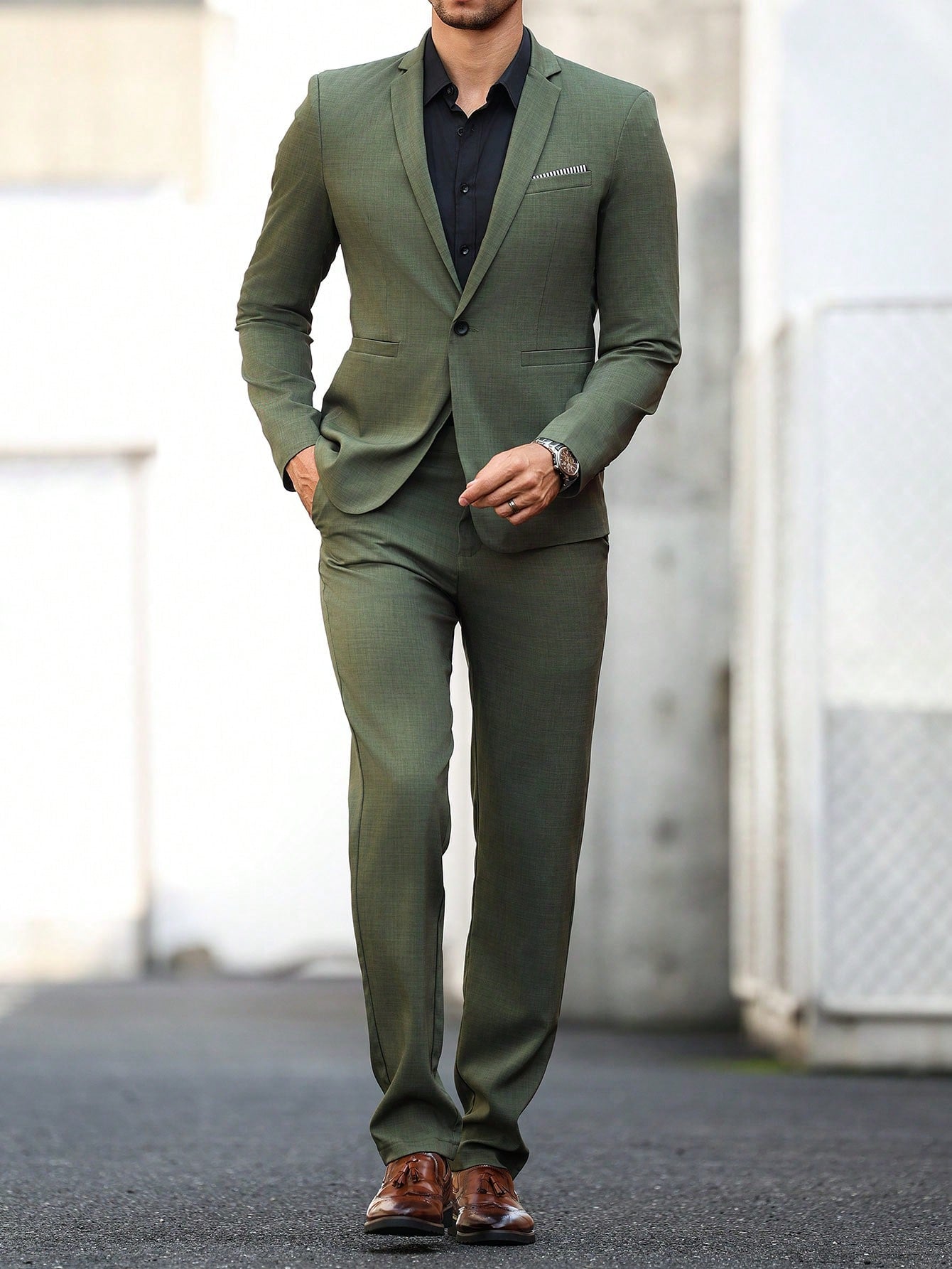 Manfinity Bizformal 2 peças Terno Homem Jaqueta de Gola de Lapela Mangas Longas e Calça Moteada