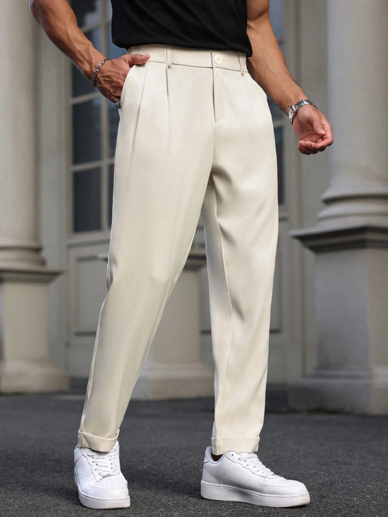 Manfinity Bizformal Calças Casuais de Perna Reta Masculinas Bizformal Manfinity, Calças Versáteis de Estilo Britânico Retrô, Presentes de Namorado, Dia dos Namorados Masculino, Calças Brancas Masculinas