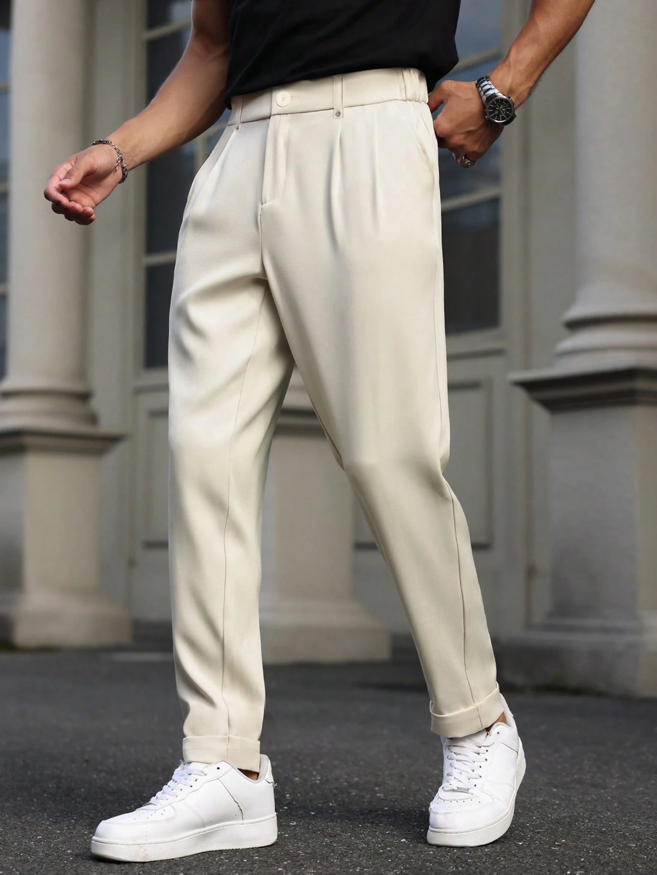 Manfinity Bizformal Calças Casuais de Perna Reta Masculinas Bizformal Manfinity, Calças Versáteis de Estilo Britânico Retrô, Presentes de Namorado, Dia dos Namorados Masculino, Calças Brancas Masculinas