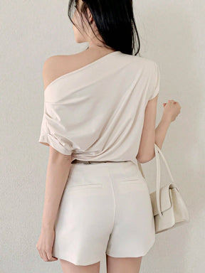 DAZY Top Feminina Estilo Francês Decote Amplo, Manga Curta, T-shirt, Top Ombro Caído