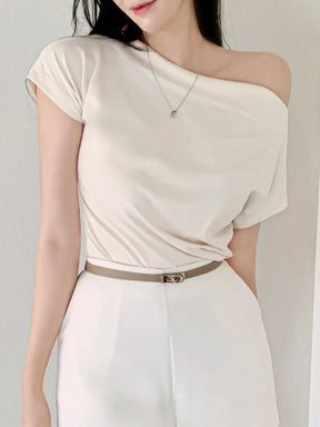 DAZY Top Feminina Estilo Francês Decote Amplo, Manga Curta, T-shirt, Top Ombro Caído