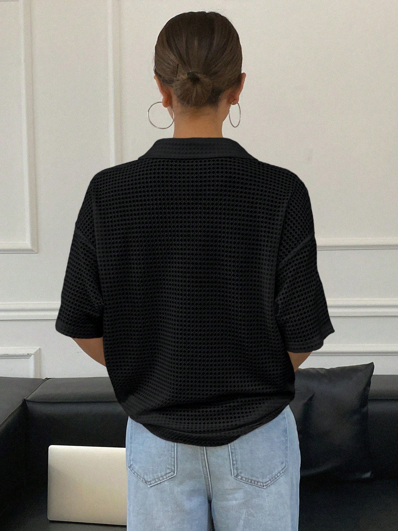 Livesso Camiseta Polo Feminina Casual de Cor Sólida, Solta e Texturizada