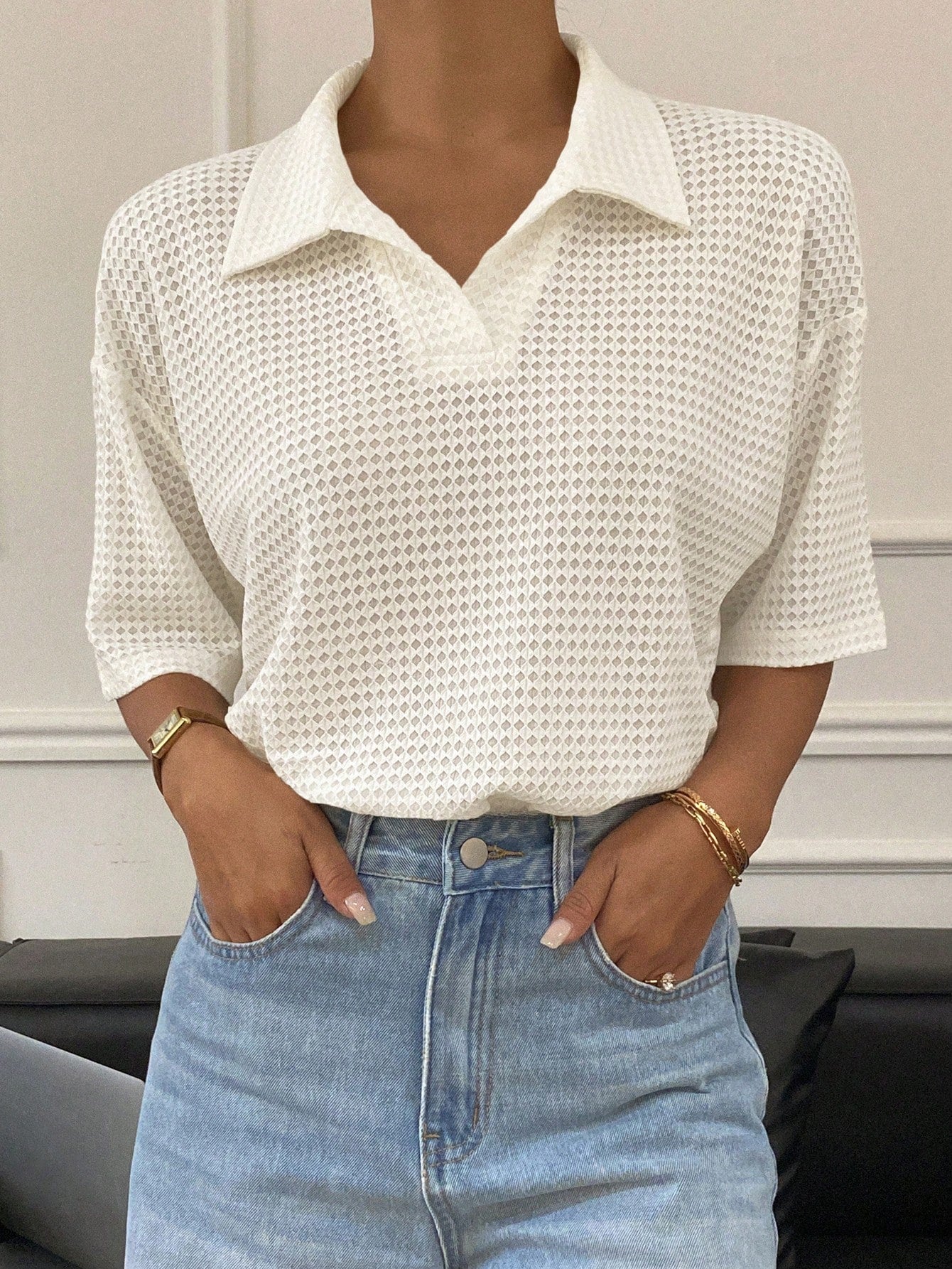 Livesso Camiseta Polo Feminina Casual de Cor Sólida, Solta e Texturizada