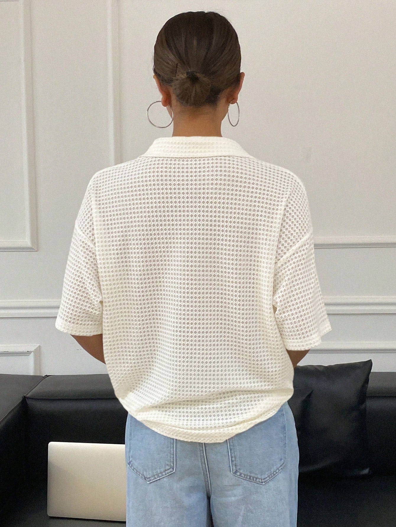 Livesso Camiseta Polo Feminina Casual de Cor Sólida, Solta e Texturizada