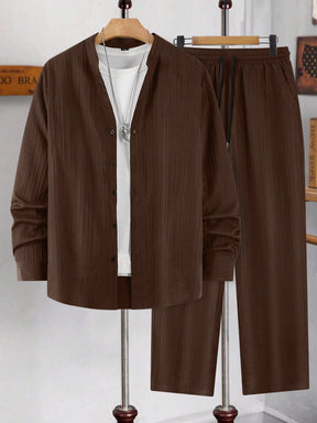 Manfinity Homme Conjunto de Camisa de Manga Longa e Calça Longa Masculino, Minimalista e Elegante, Adequado para o Verão, Conjunto de Duas Peças para Homens, Roupas de Outono