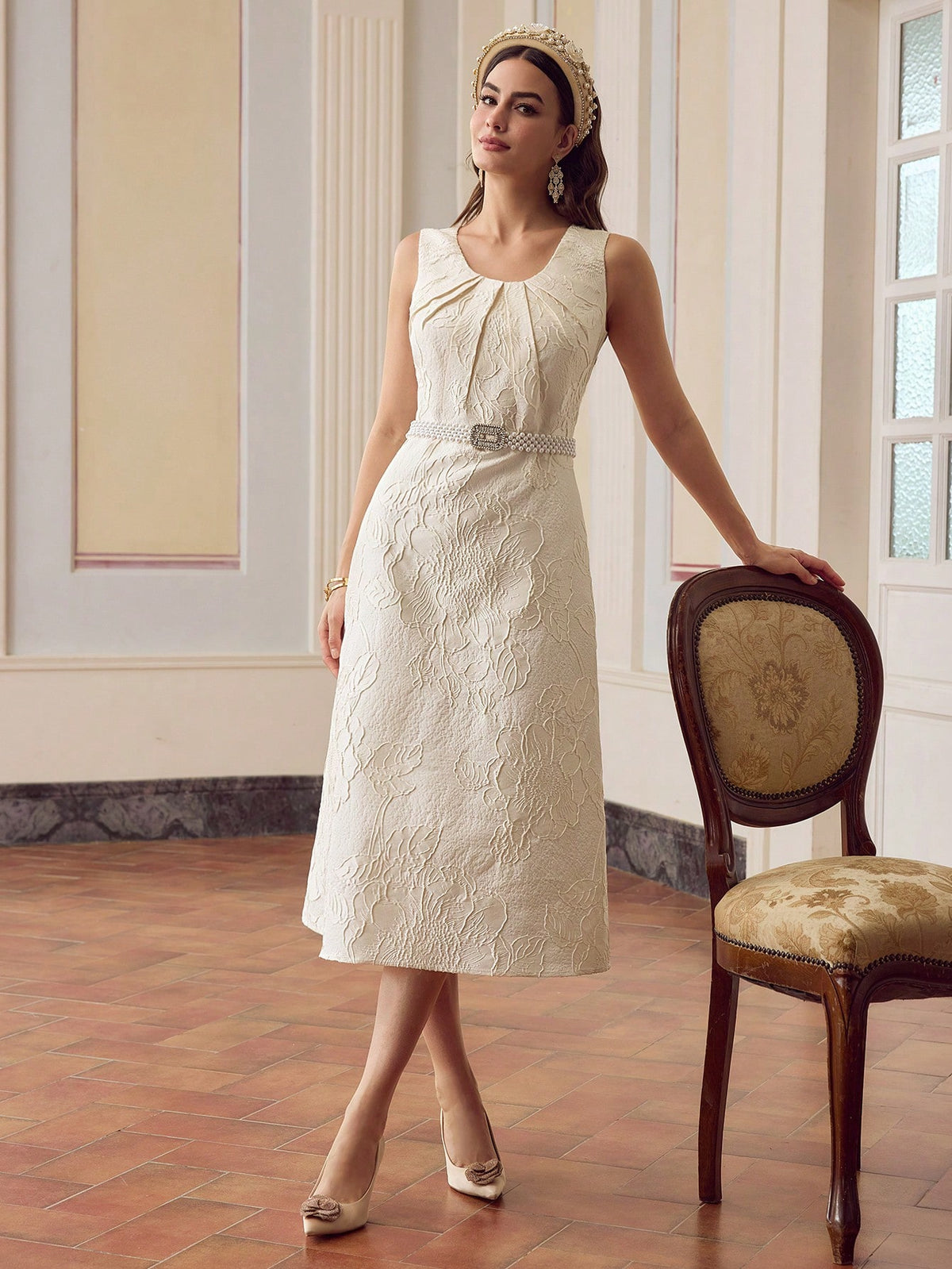 ZEYLAH Vestido Jacquard, Decote em U, Plissado, Sem Mangas