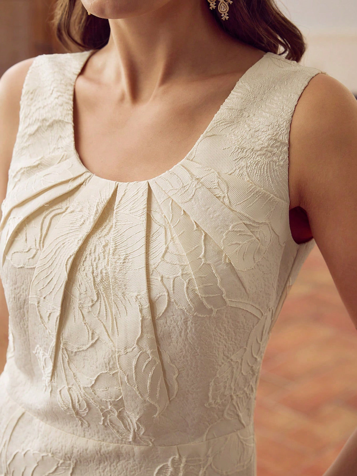 ZEYLAH Vestido Jacquard, Decote em U, Plissado, Sem Mangas