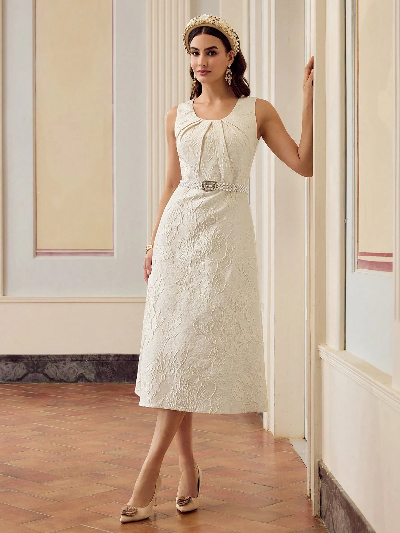 ZEYLAH Vestido Jacquard, Decote em U, Plissado, Sem Mangas