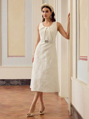 ZEYLAH Vestido Jacquard, Decote em U, Plissado, Sem Mangas