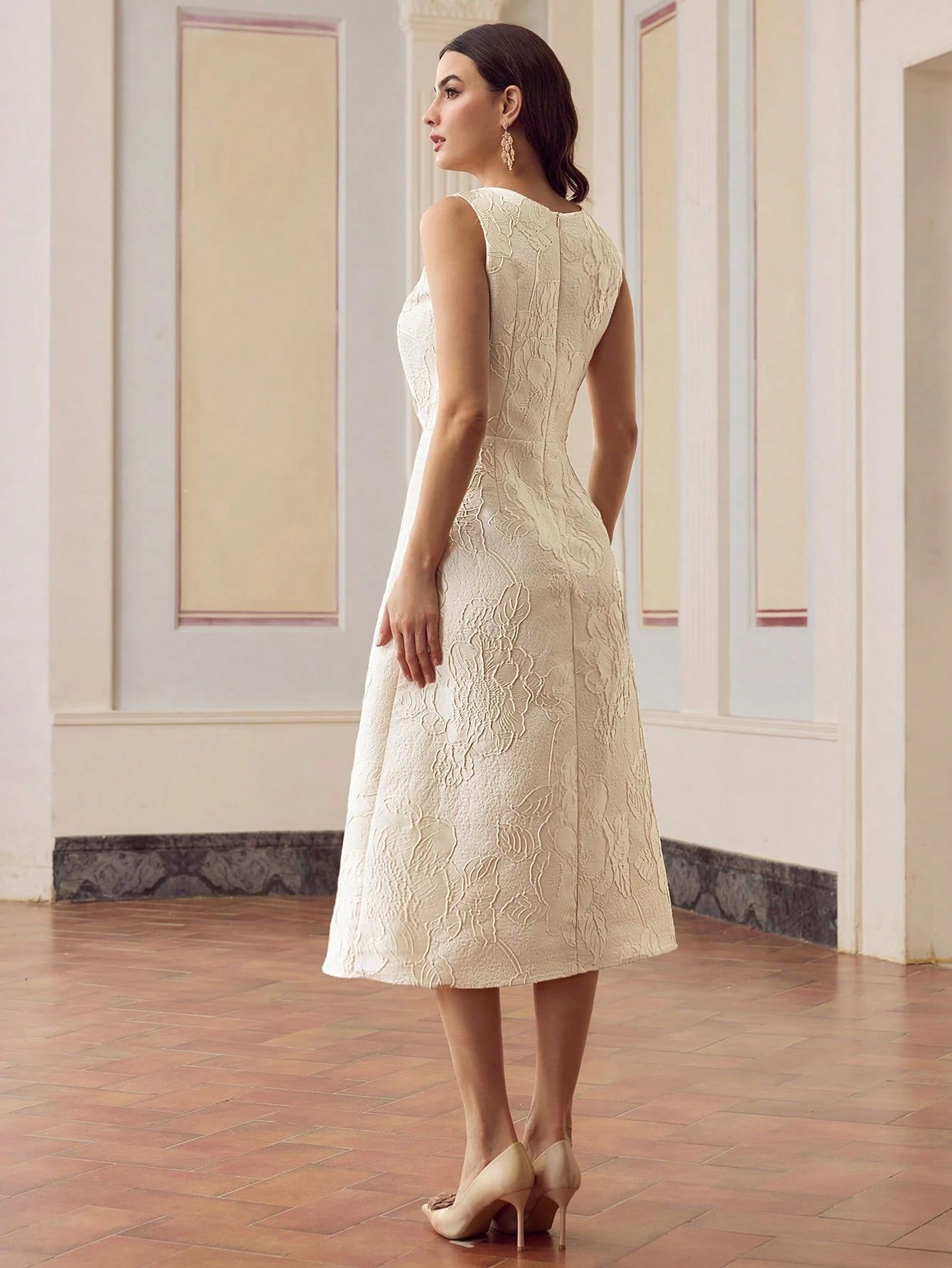 ZEYLAH Vestido Jacquard, Decote em U, Plissado, Sem Mangas