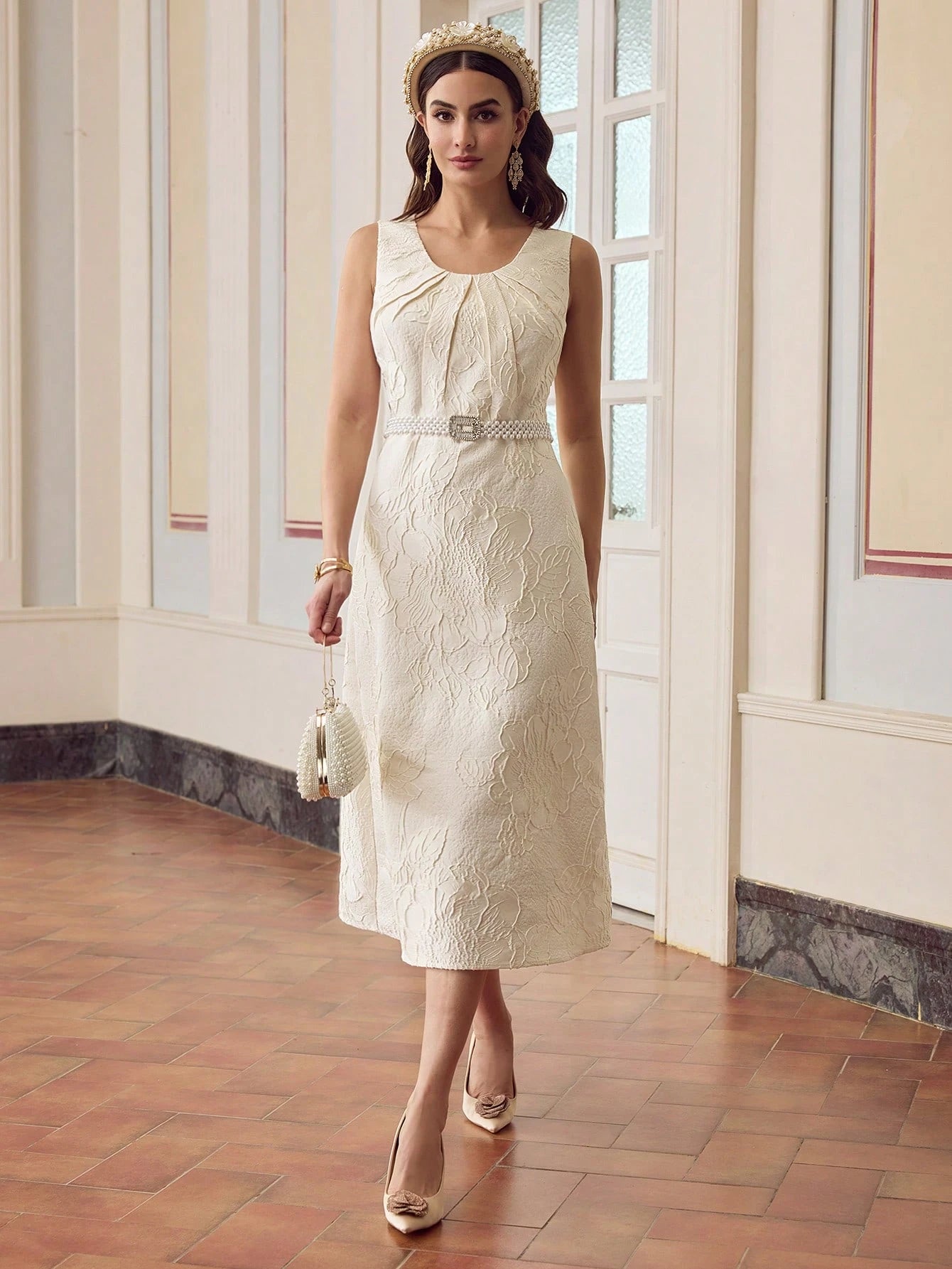 ZEYLAH Vestido Jacquard, Decote em U, Plissado, Sem Mangas