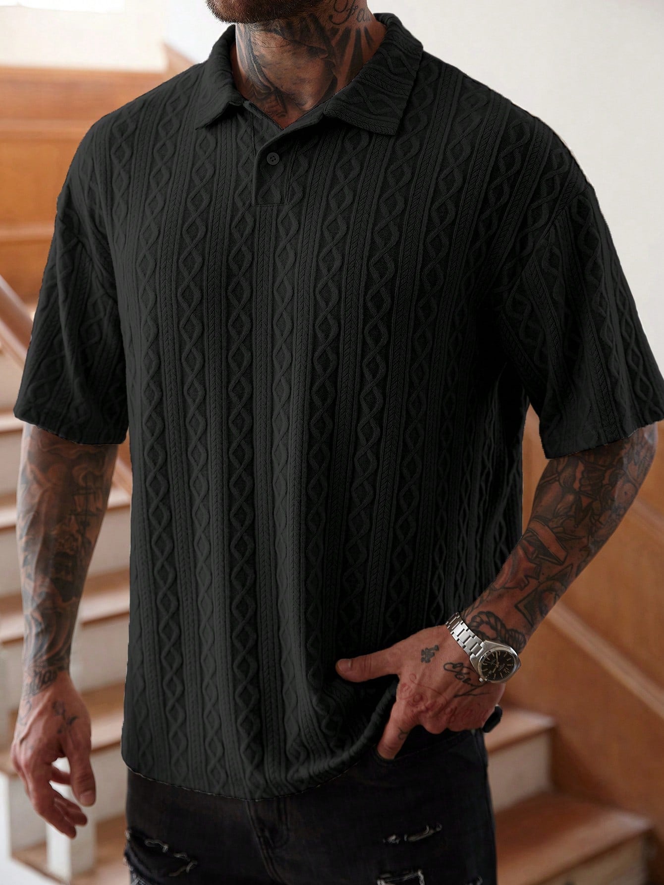 Manfinity Homme Camisa Polo de Manga Curta Casual e Versátil, Cor Sólida, com Botões, para Homens