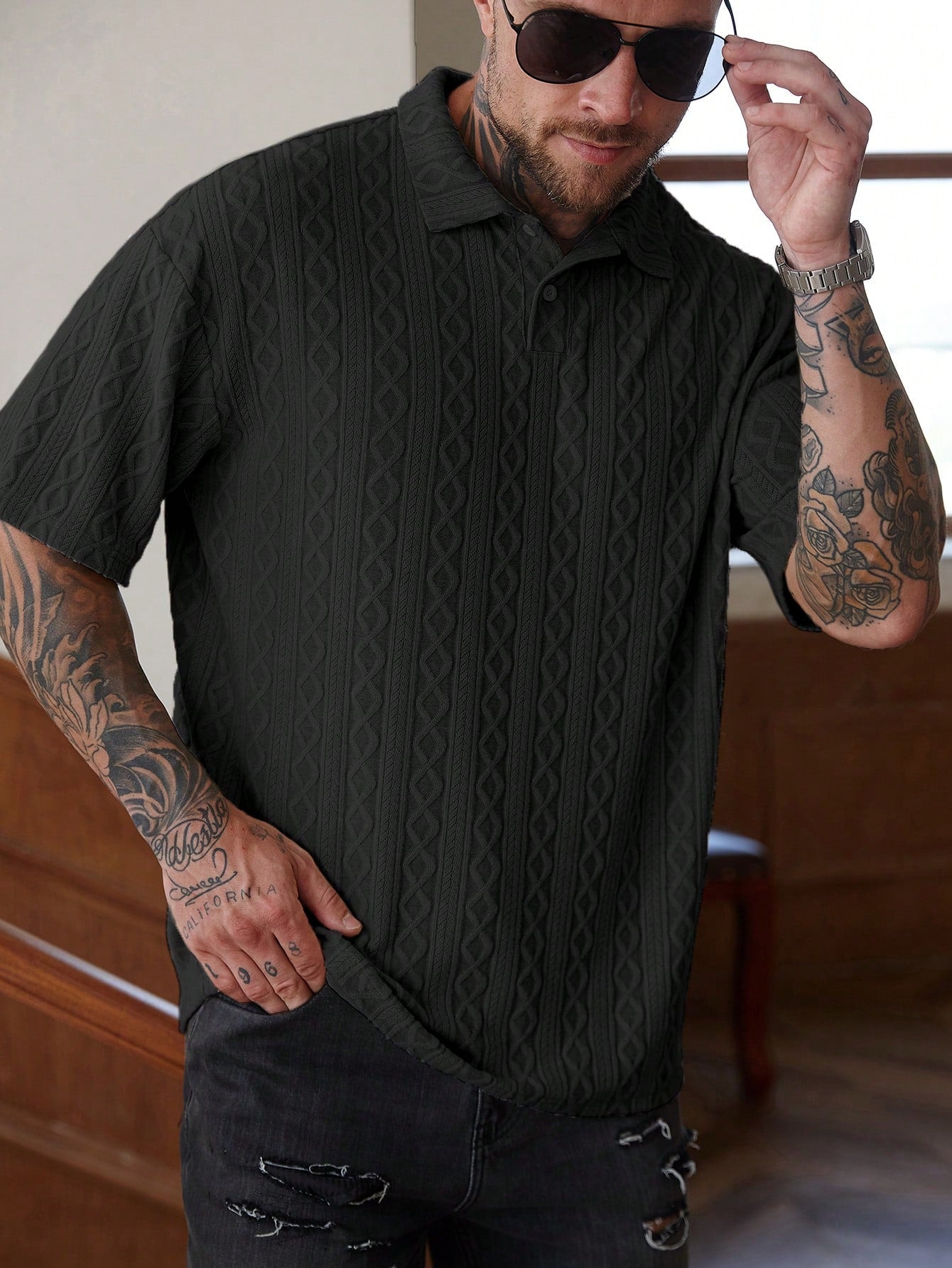 Manfinity Homme Camisa Polo de Manga Curta Casual e Versátil, Cor Sólida, com Botões, para Homens