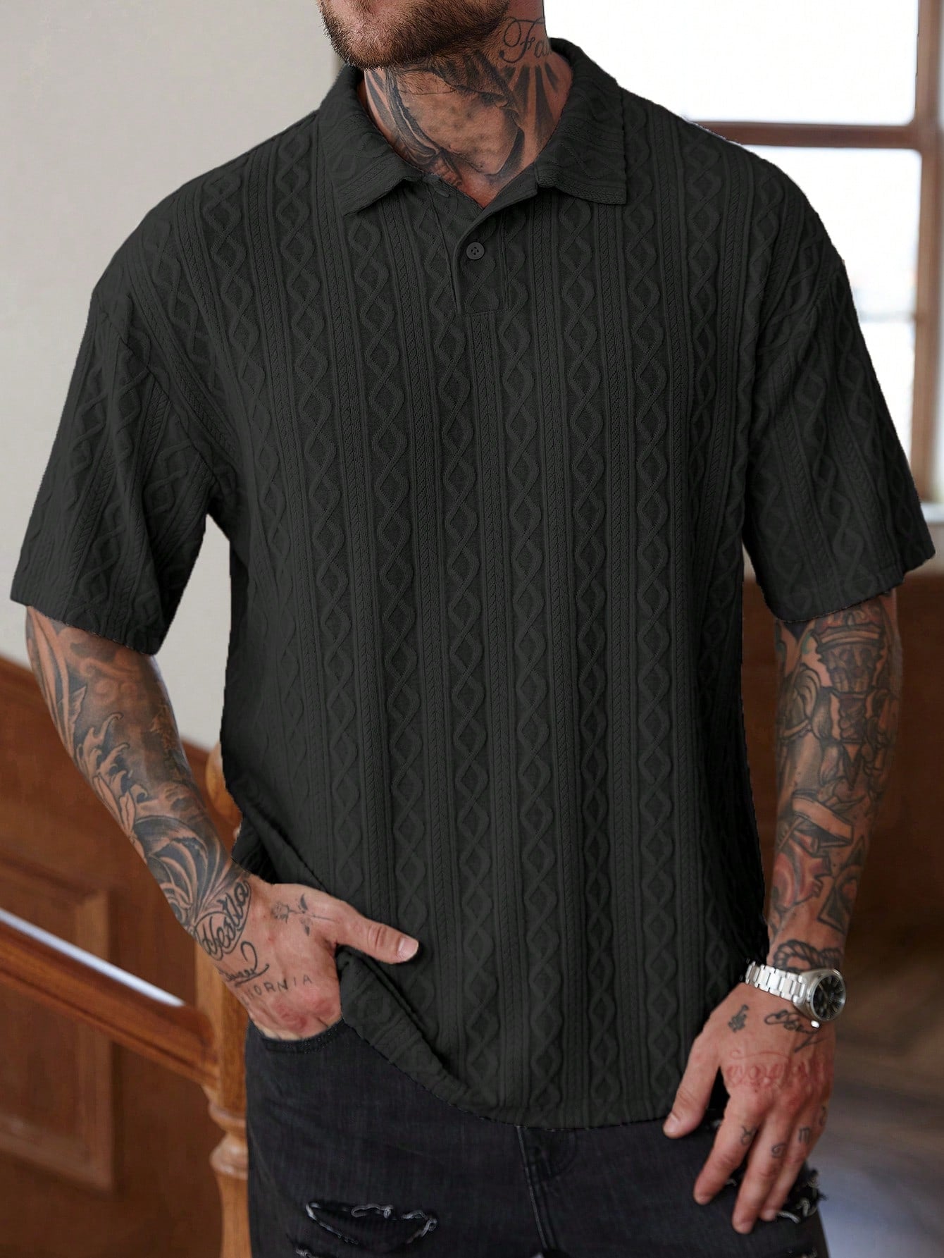 Manfinity Homme Camisa Polo de Manga Curta Casual e Versátil, Cor Sólida, com Botões, para Homens