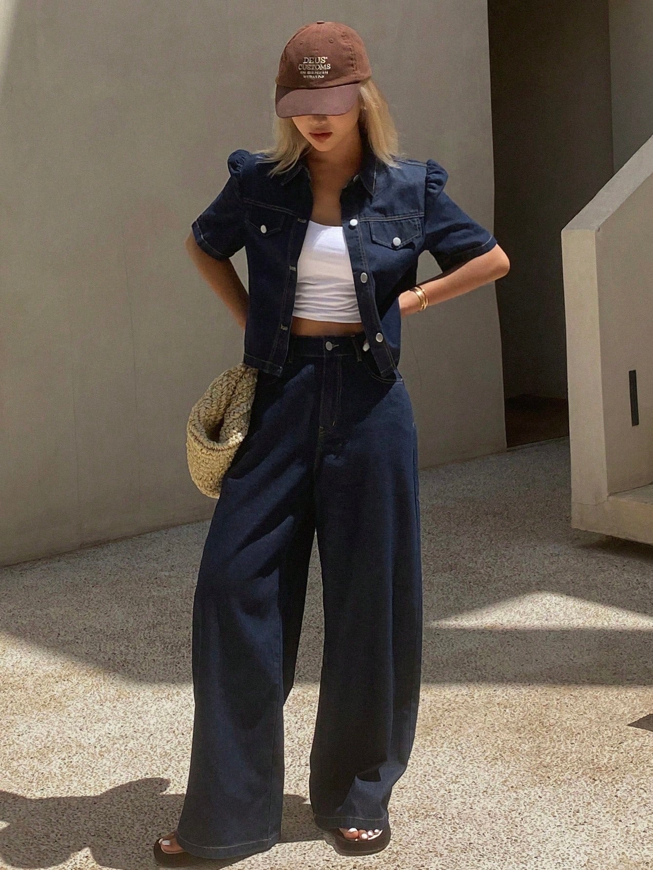 Livesso Novo Conjunto Denim Casual Solto de Verão para Mulheres