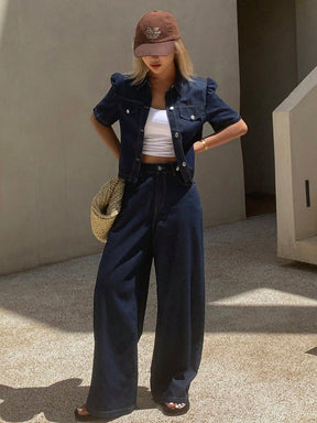 Livesso Novo Conjunto Denim Casual Solto de Verão para Mulheres