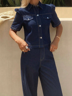 Livesso Novo Conjunto Denim Casual Solto de Verão para Mulheres