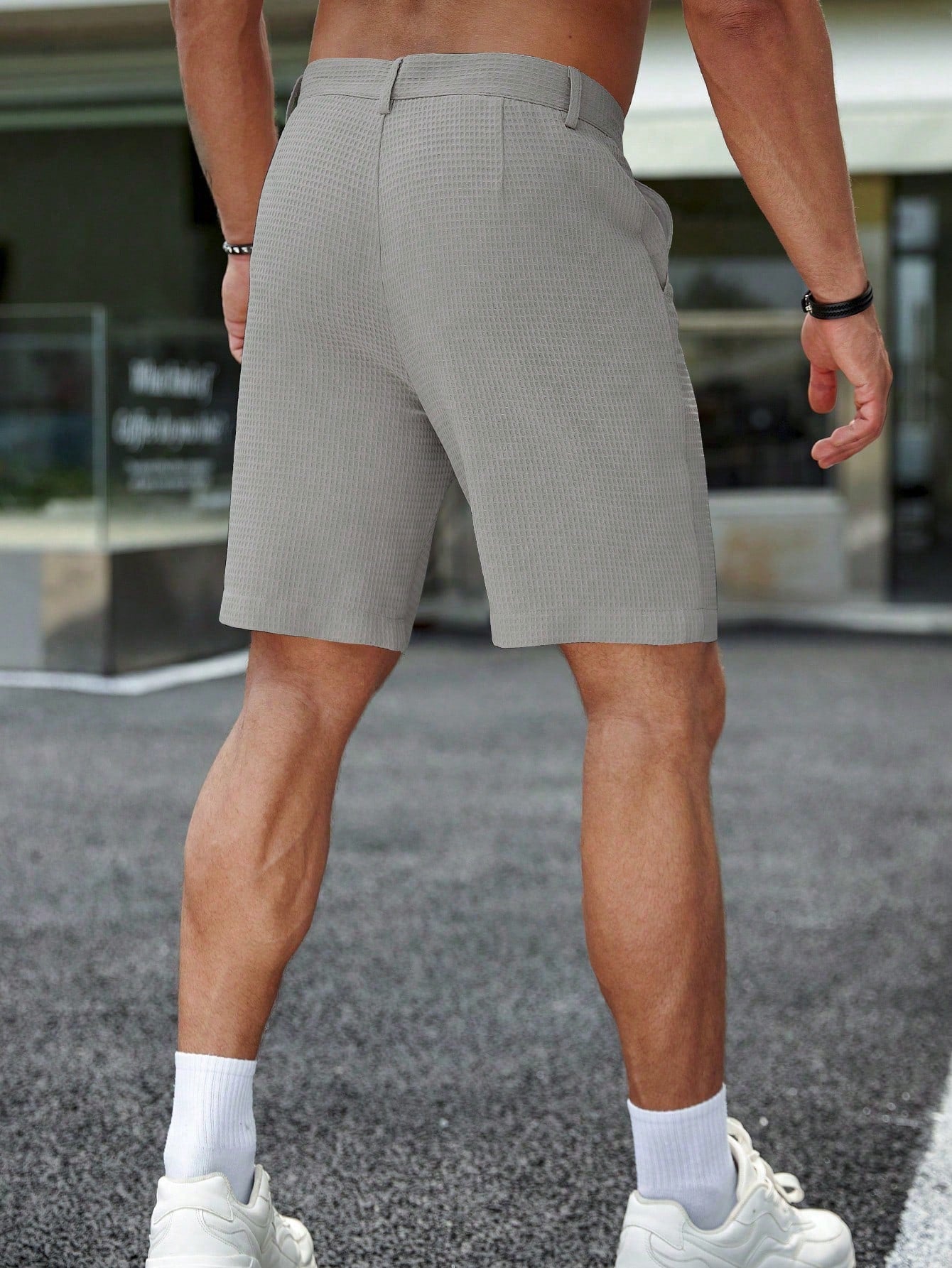 Manfinity Homme Shorts Masculina de Verão Casual, Cor Sólida, Textura Waffle, Bolso Diagonal