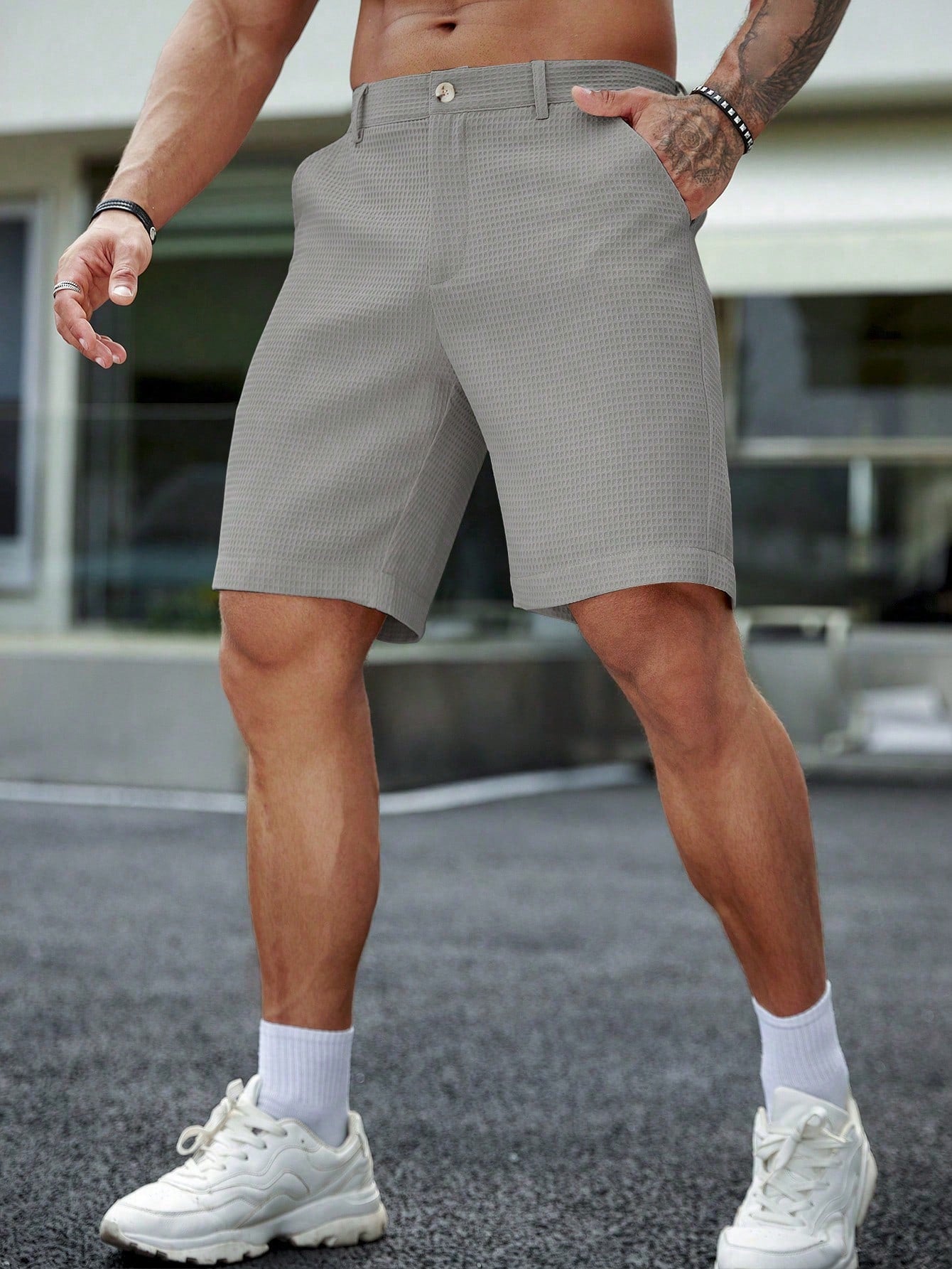 Manfinity Homme Shorts Masculina de Verão Casual, Cor Sólida, Textura Waffle, Bolso Diagonal