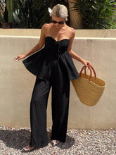 Livesso Conjunto de 2 peças Estilo Férias de Verão para Mulheres, Top Tubinho Franzido no Busto e Calça Perna Larga, Cor Sólida com Cordão