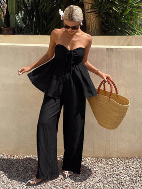 Livesso Conjunto de 2 peças Estilo Férias de Verão para Mulheres, Top Tubinho Franzido no Busto e Calça Perna Larga, Cor Sólida com Cordão