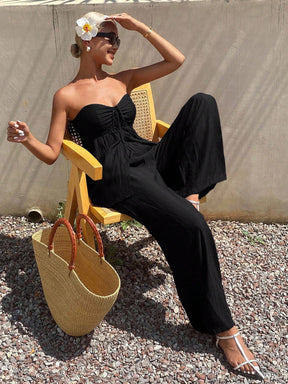 Livesso Conjunto de 2 peças Estilo Férias de Verão para Mulheres, Top Tubinho Franzido no Busto e Calça Perna Larga, Cor Sólida com Cordão