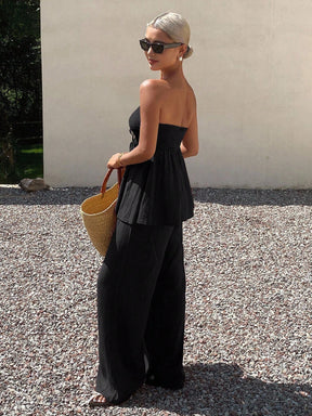 Livesso Conjunto de 2 peças Estilo Férias de Verão para Mulheres, Top Tubinho Franzido no Busto e Calça Perna Larga, Cor Sólida com Cordão