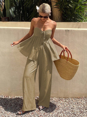 Livesso Conjunto de 2 peças Estilo Férias de Verão para Mulheres, Top Tubinho Franzido no Busto e Calça Perna Larga, Cor Sólida com Cordão